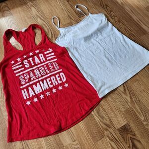 2 Tank Tops Size Large Red Racerback White Cami Top Self Bra